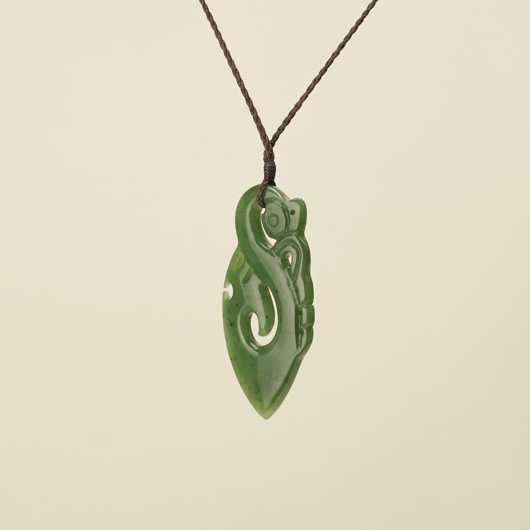 Manaia Kawakawa Greenstone Large Pendant Brown Binding