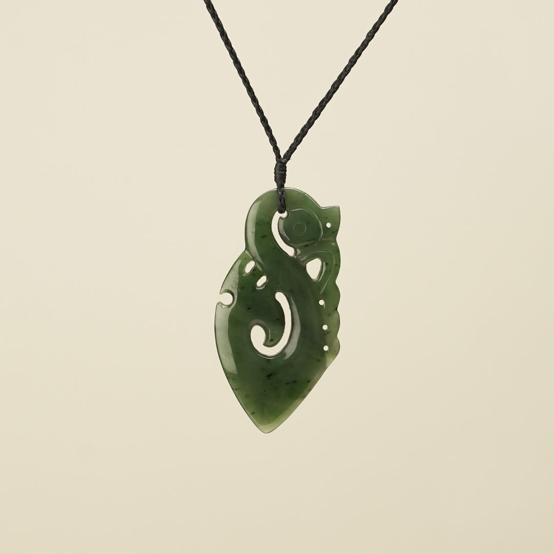 Manaia Kawakawa Greenstone Large Pendant Black Binding