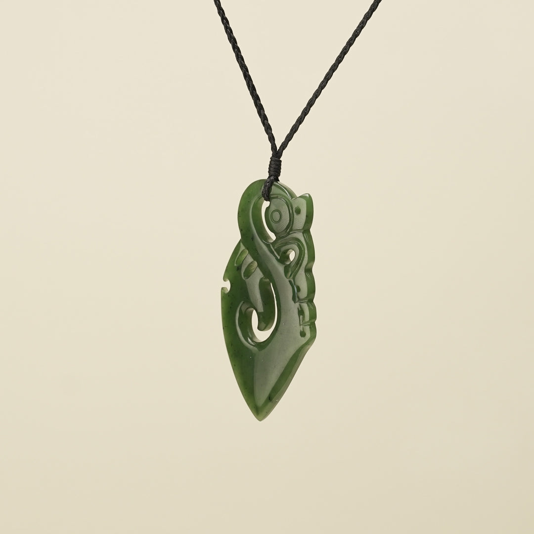 Manaia Kawakawa Greenstone Large Pendant Black Binding