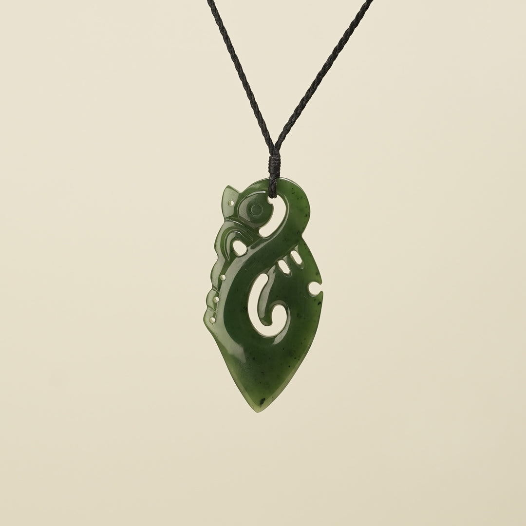 Manaia Kawakawa Greenstone Large Pendant Black Binding