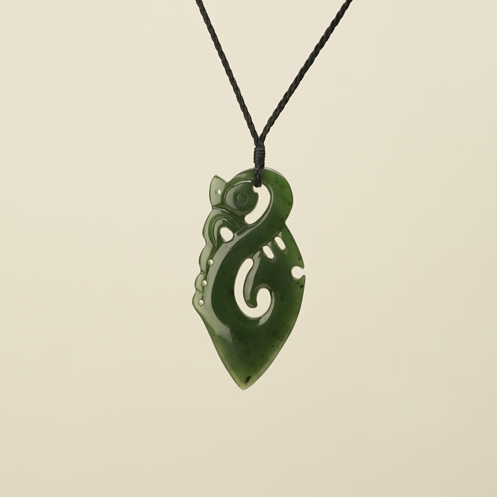 Manaia Kawakawa Greenstone Large Pendant Black Binding