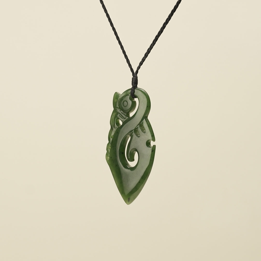 Manaia Kawakawa Greenstone Large Pendant Black Binding