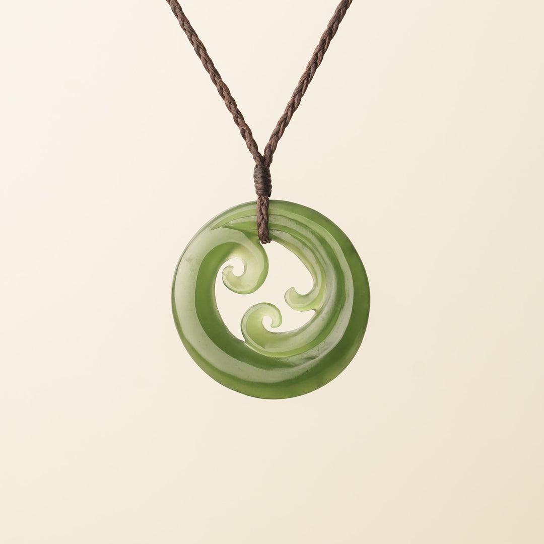 Pounamu Triple Koru Medium Large Pendant, Brown Binding