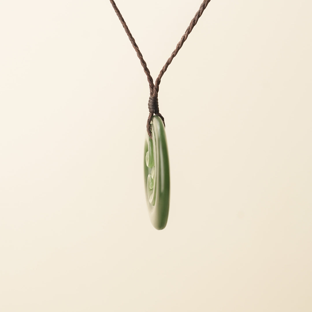 Pounamu Triple Koru Medium Large Pendant, Brown Binding