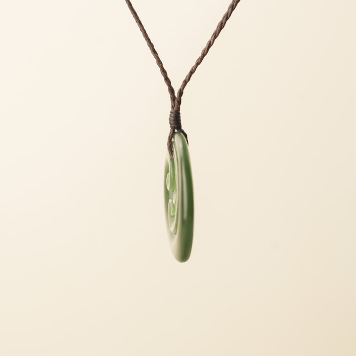 Pounamu Triple Koru Medium Large Pendant, Brown Binding