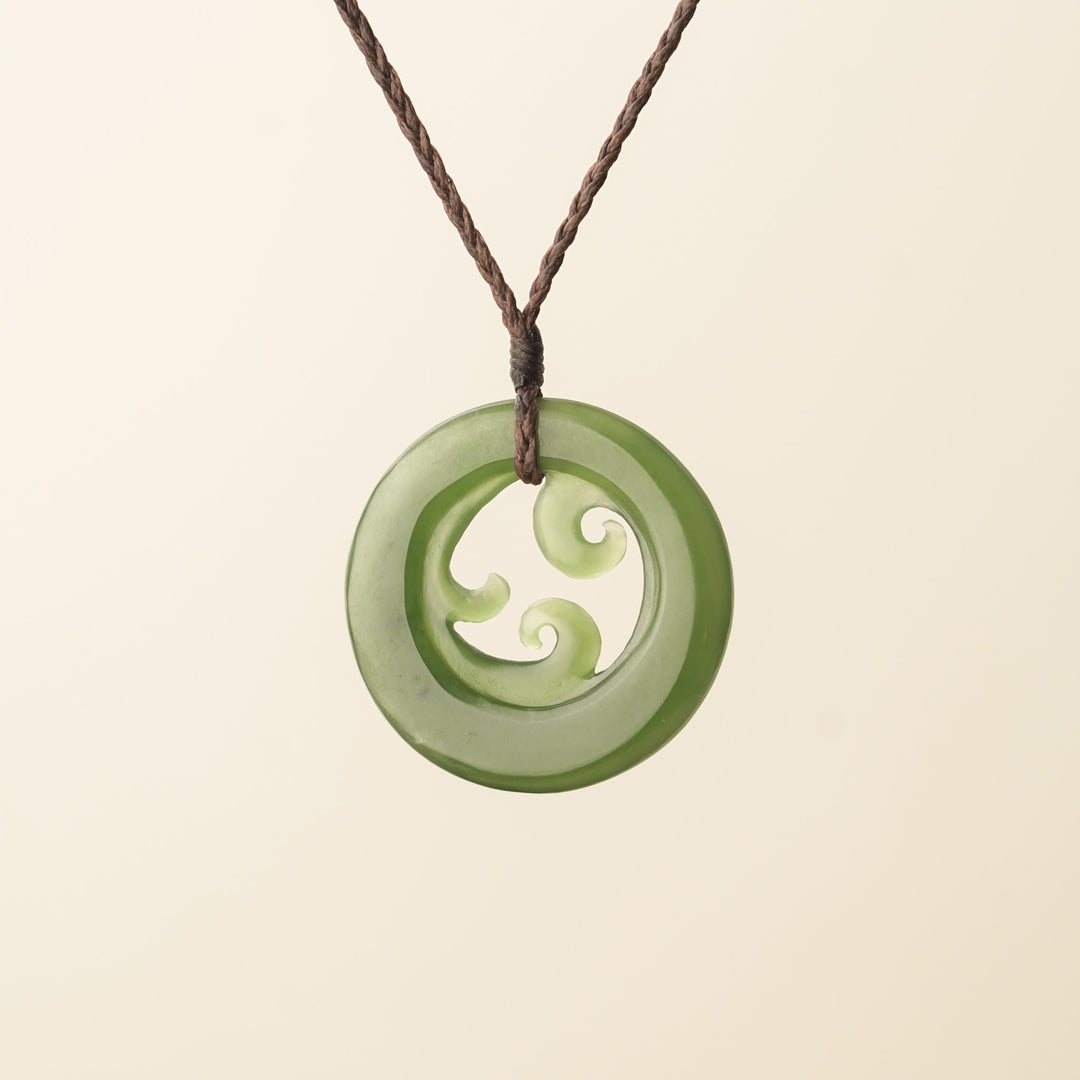Pounamu Triple Koru Medium Large Pendant, Brown Binding