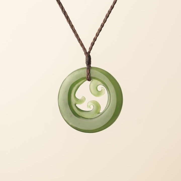 Pounamu Triple Koru Medium Large Pendant, Brown Binding