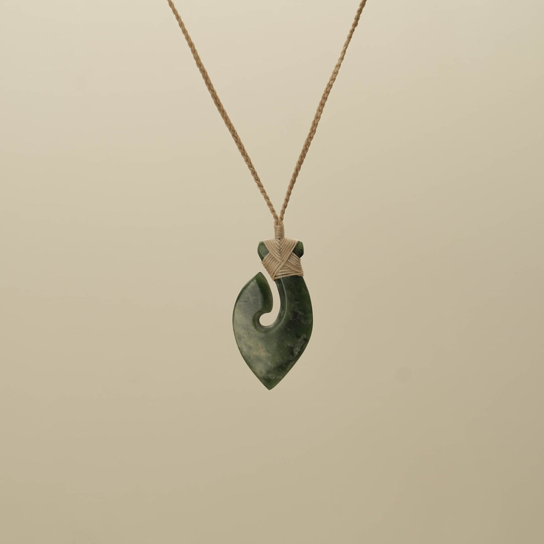 Flower Small Hei Matau Pounamu Pendant, Tan Binding