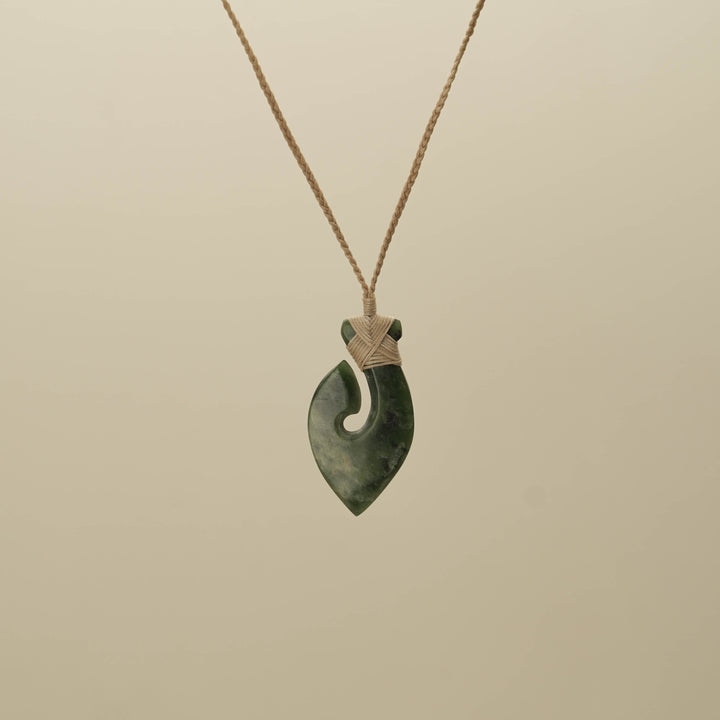 Flower Small Hei Matau Pounamu Pendant, Tan Binding