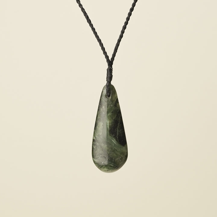 Roimata Hapopo Medium Pounamu Pendant, Black Binding