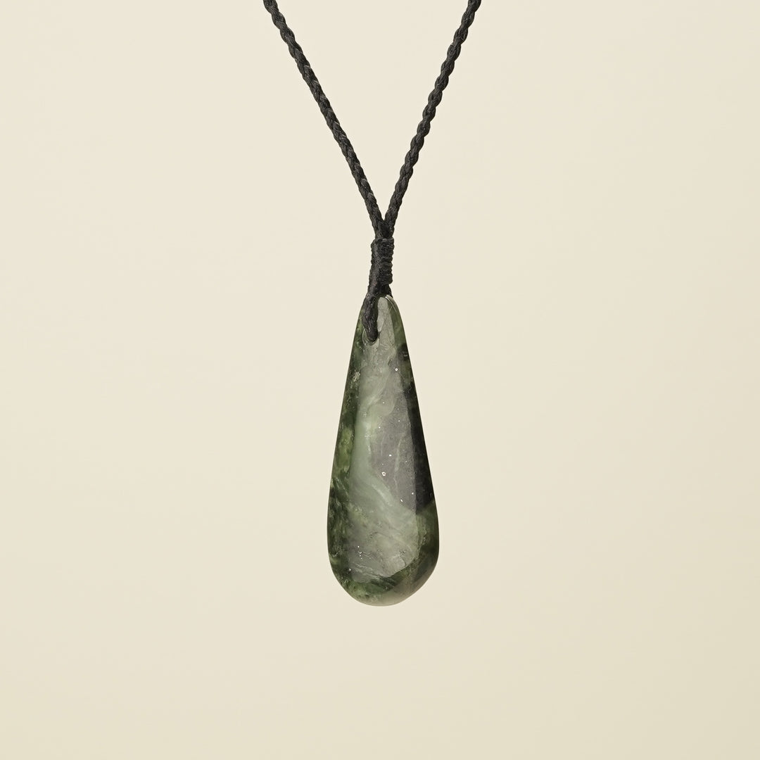Roimata Hapopo Medium Pounamu Pendant, Black Binding