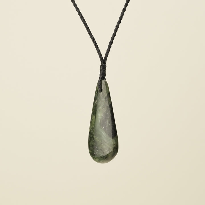 Roimata Hapopo Medium Pounamu Pendant, Black Binding