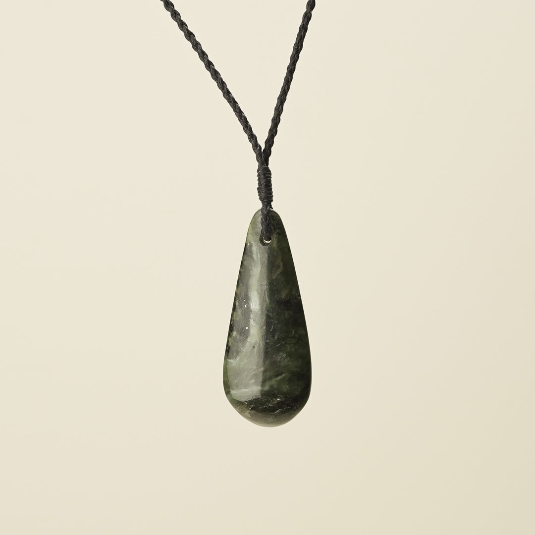 Roimata Hapopo Medium Pounamu Pendant, Black Binding
