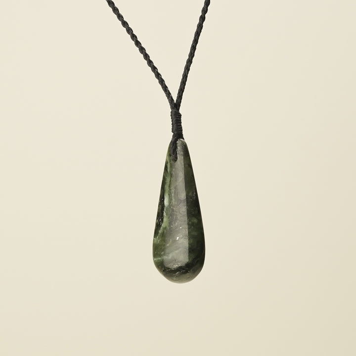 Roimata Hapopo Medium Pounamu Pendant, Black Binding