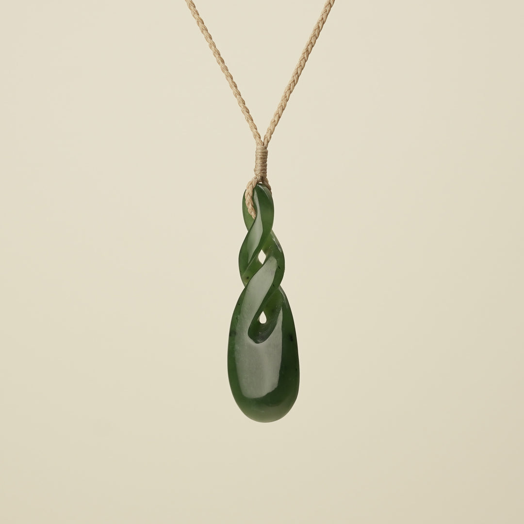 Double Pikorua Kawakawa Pounamu Pendant, Tan Binding