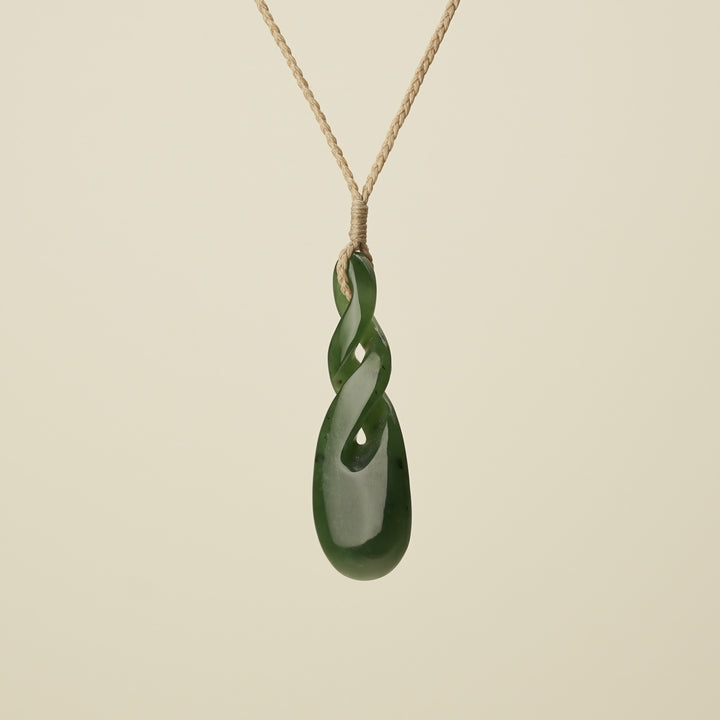 Double Pikorua Kawakawa Pounamu Pendant, Tan Binding
