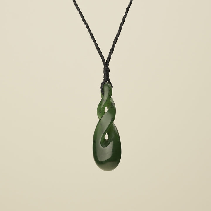 Double Pikorua Kawakawa Pounamu Pendant, Black Binding