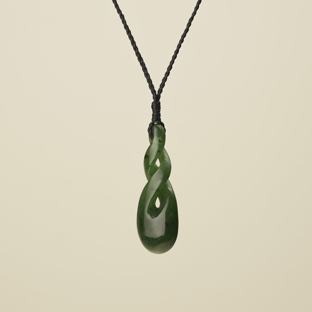 Double Pikorua Kawakawa Pounamu Pendant, Black Binding