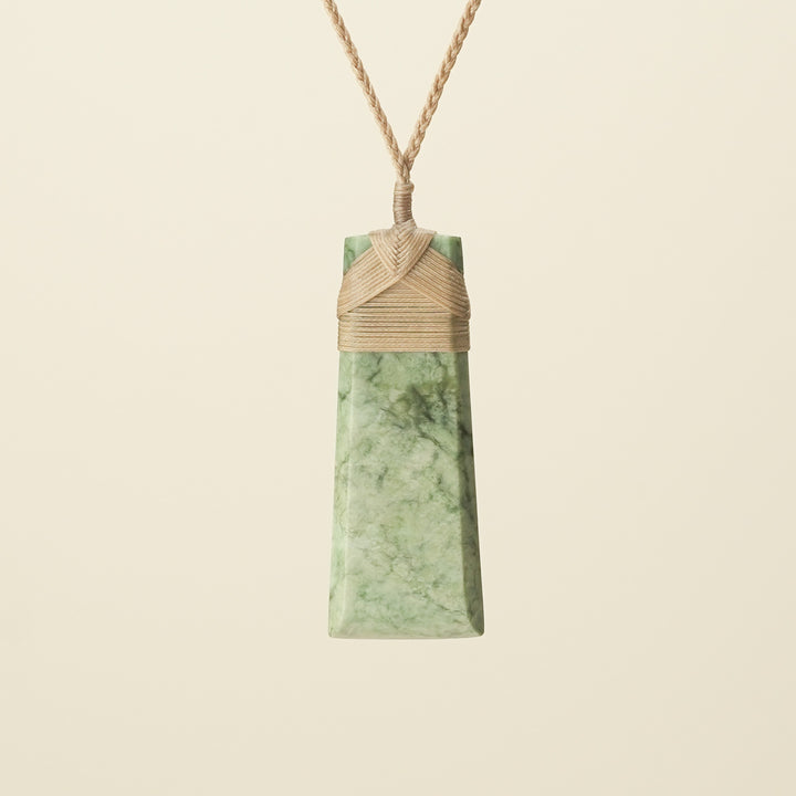 Toki Inanga Matte Pounamu Large Pendant, Tan Binding