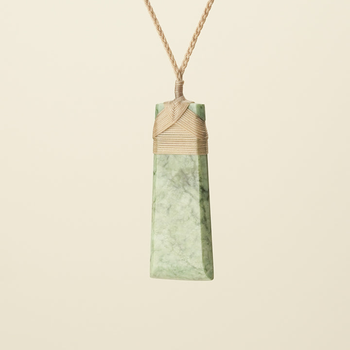 Toki Inanga Matte Pounamu Large Pendant, Tan Binding