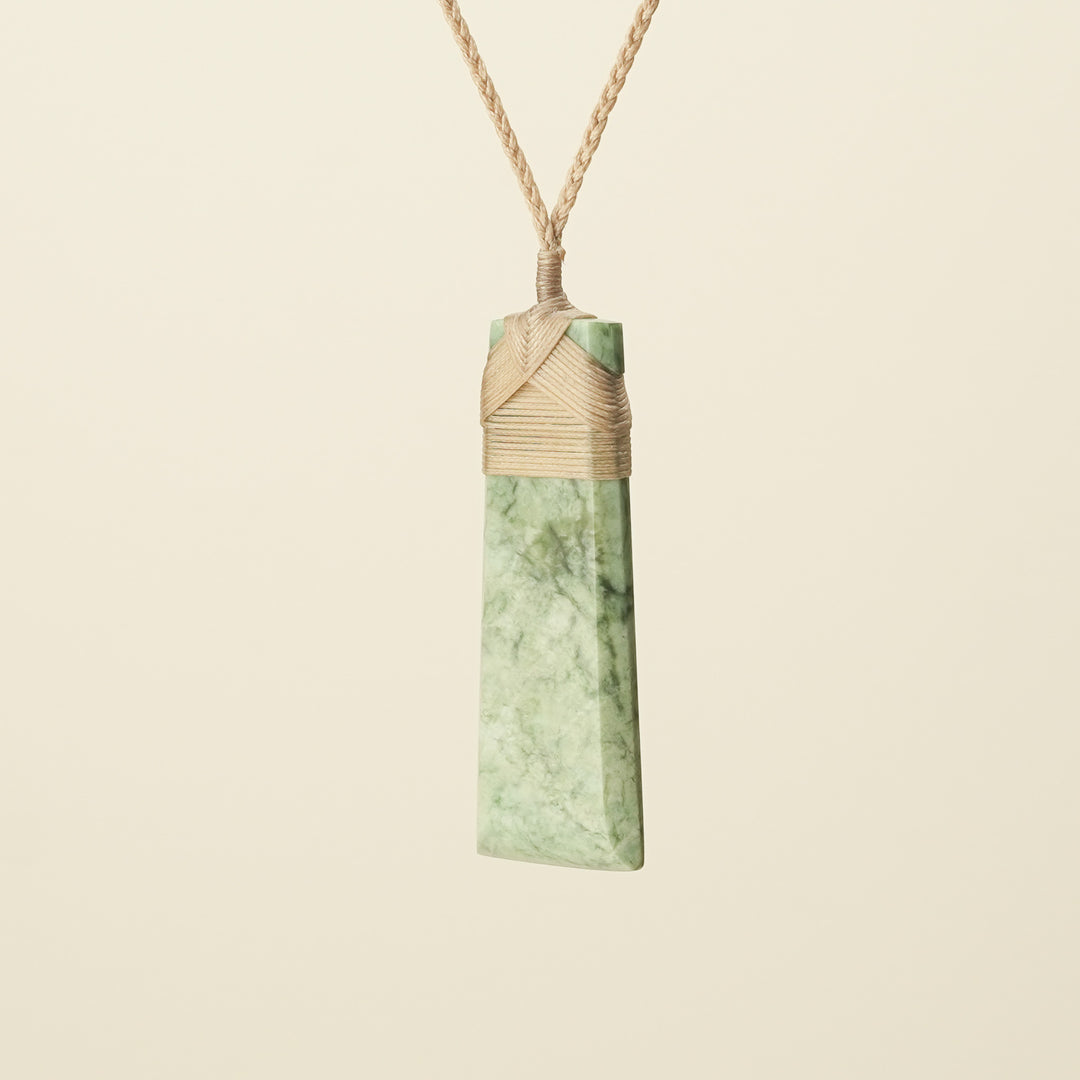 Toki Inanga Matte Pounamu Large Pendant, Tan Binding