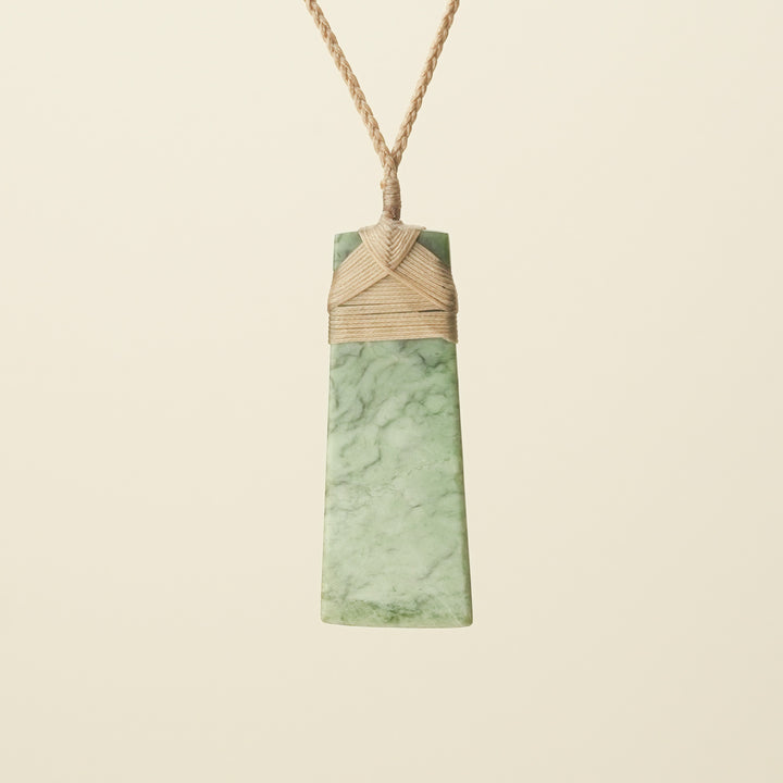 Toki Inanga Matte Pounamu Large Pendant, Tan Binding