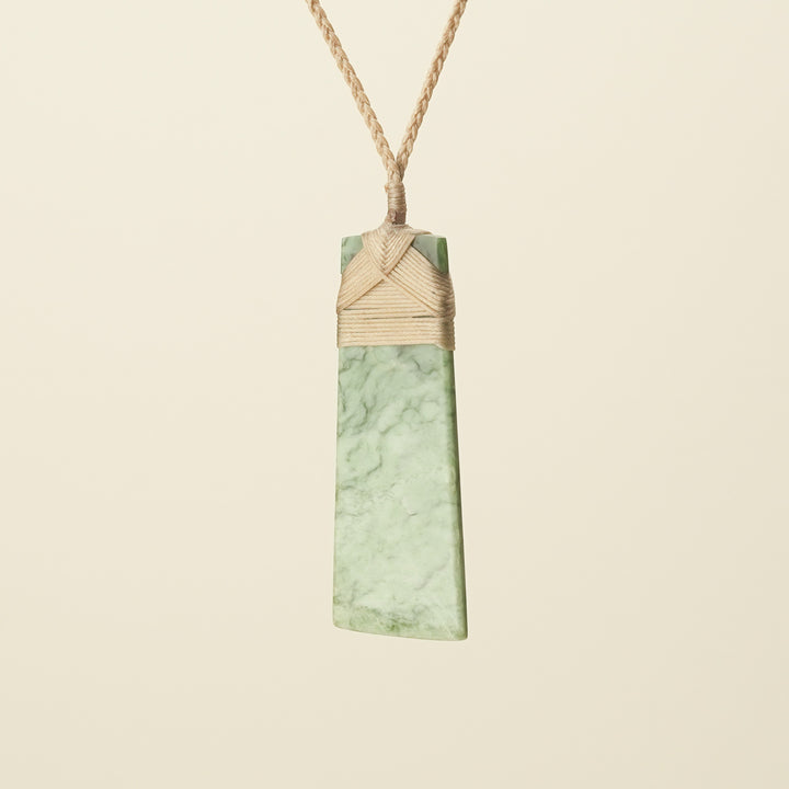 Toki Inanga Matte Pounamu Large Pendant, Tan Binding