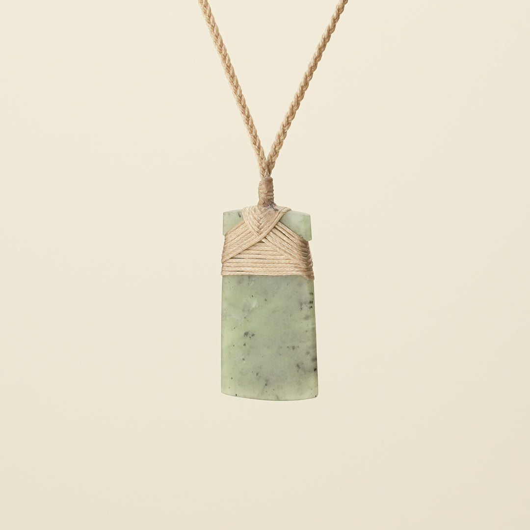 Toki Kahurangi Matte Pounamu Small Pendant, Tan Binding