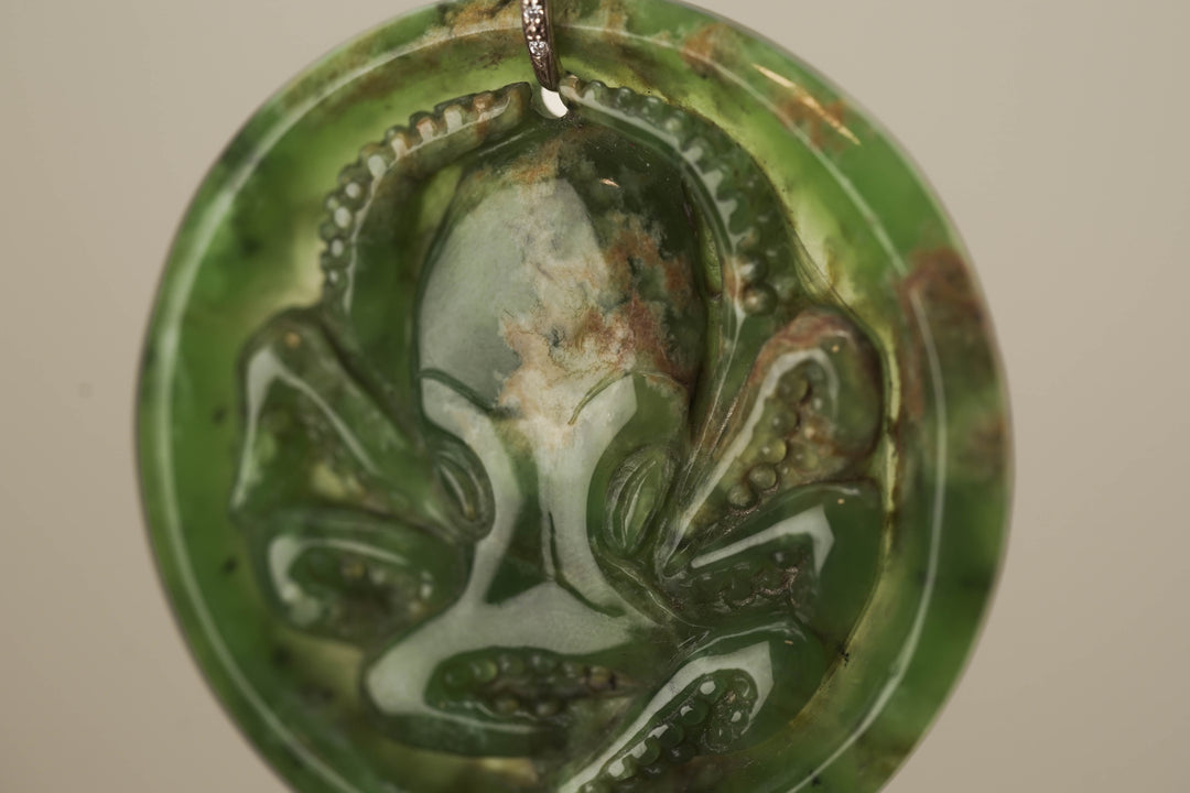 Flower Pounamu Wheke Octopus Pendant with 9K Gold Diamond Bail