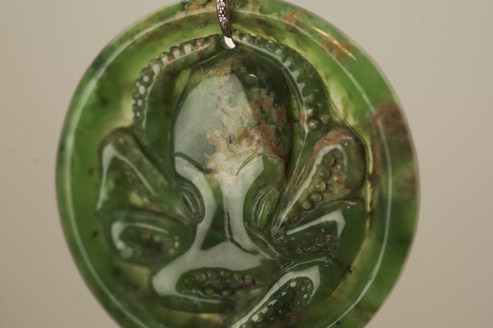 Flower Pounamu Wheke Octopus Pendant with 9K Gold Diamond Bail
