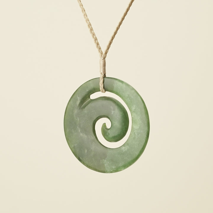 Koru Kahurangi Pounamu Large Pendant, Tan Binding
