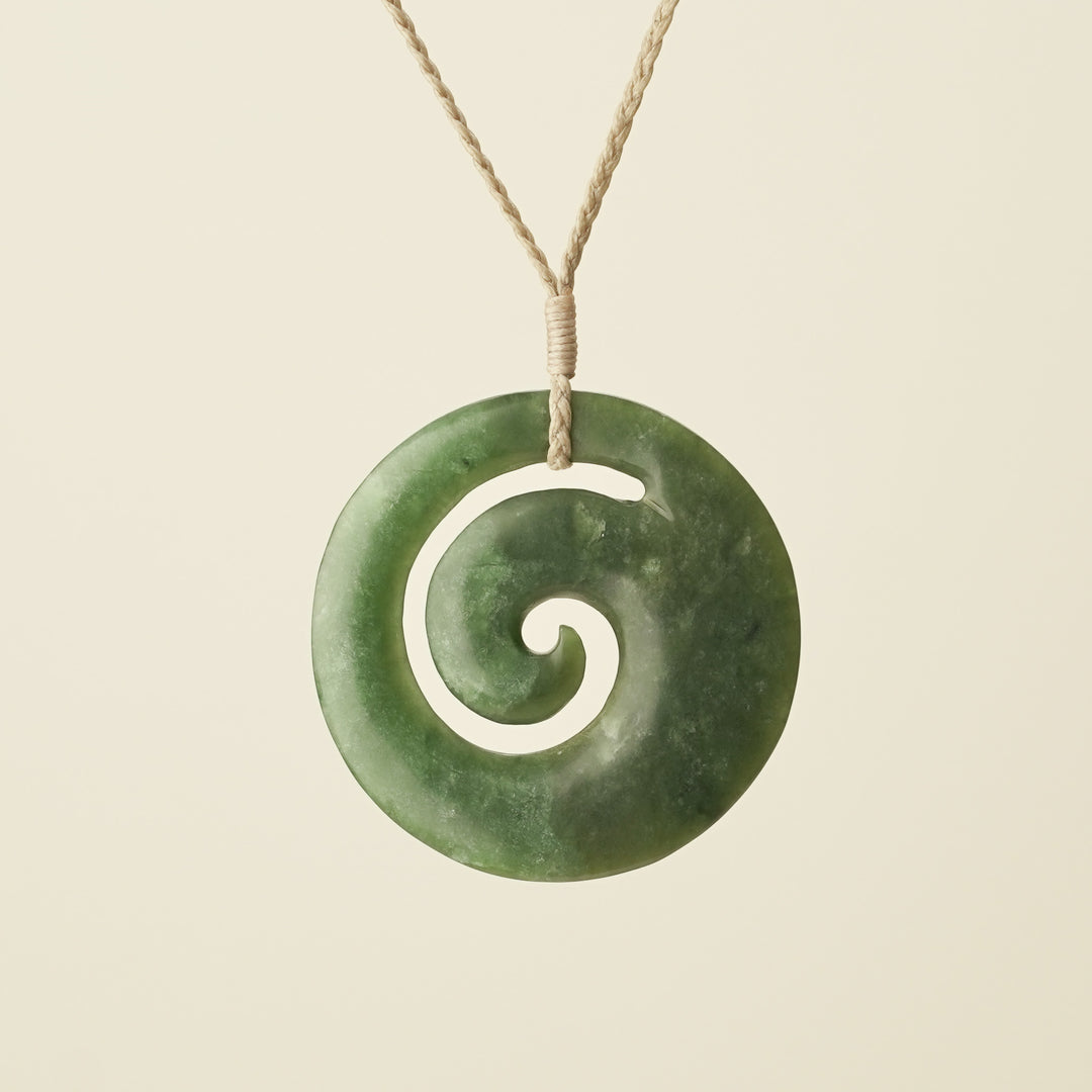 Koru Kahurangi Pounamu Large Pendant, Tan Binding