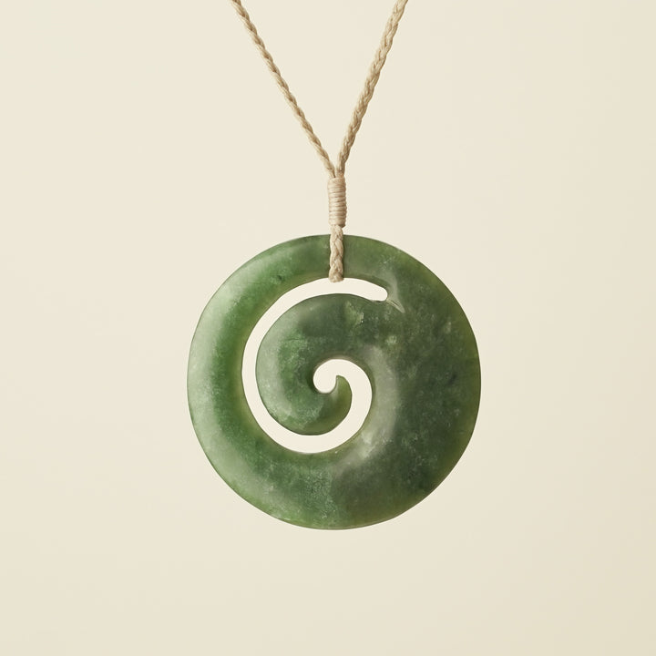 Koru Kahurangi Pounamu Large Pendant, Tan Binding