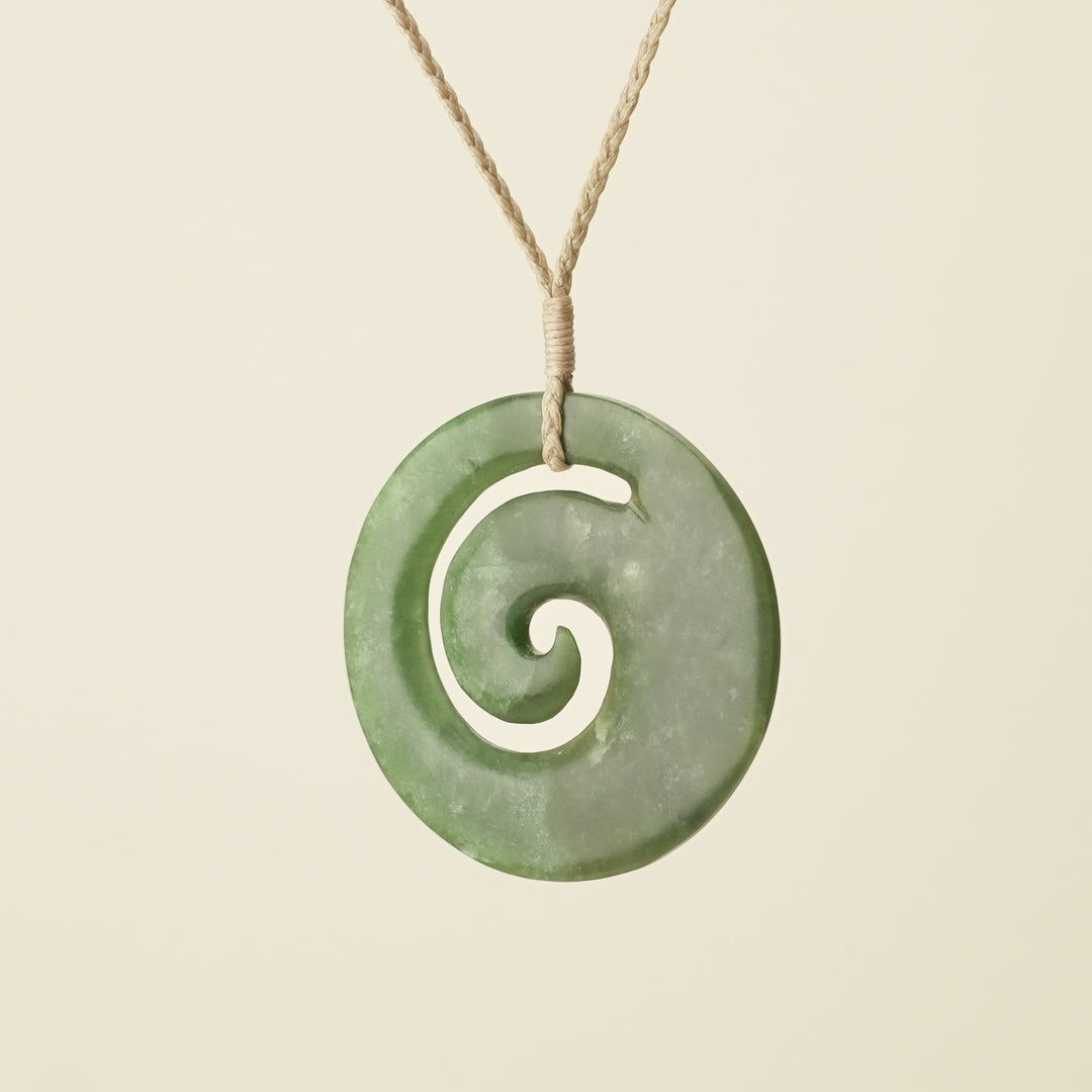 Koru Kahurangi Pounamu Large Pendant, Tan Binding