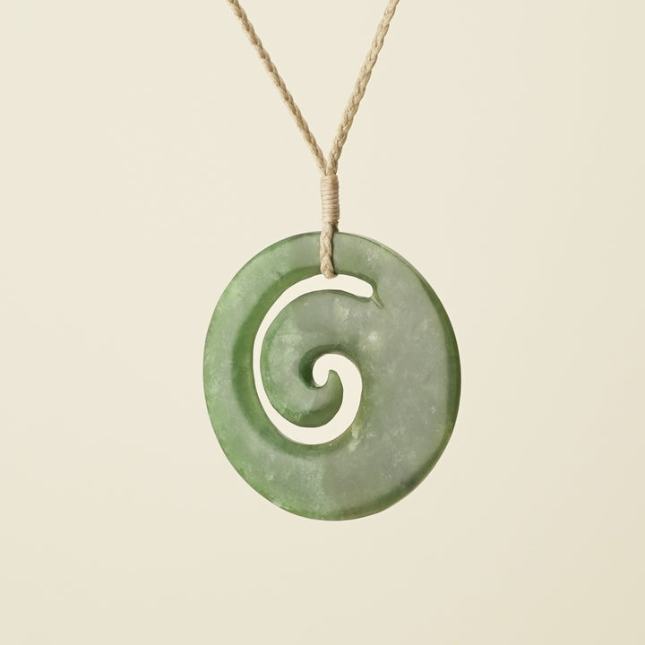 Koru Kahurangi Pounamu Large Pendant, Tan Binding