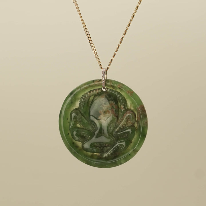 Flower Pounamu Wheke Octopus Pendant with 9K Gold Diamond Bail