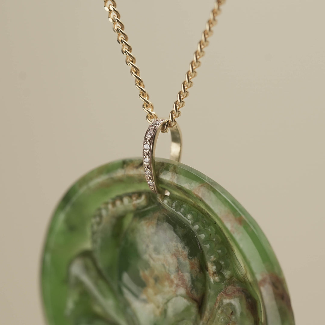Flower Pounamu Wheke Octopus Pendant with 9K Gold Diamond Bail
