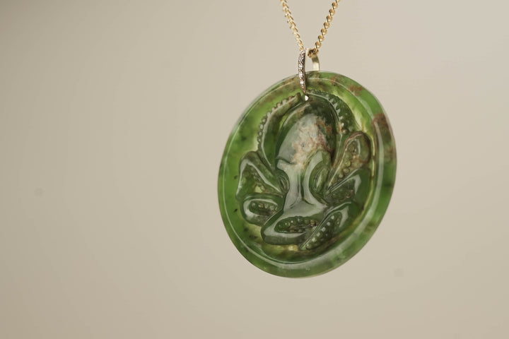 Flower Pounamu Wheke Octopus Pendant with 9K Gold Diamond Bail