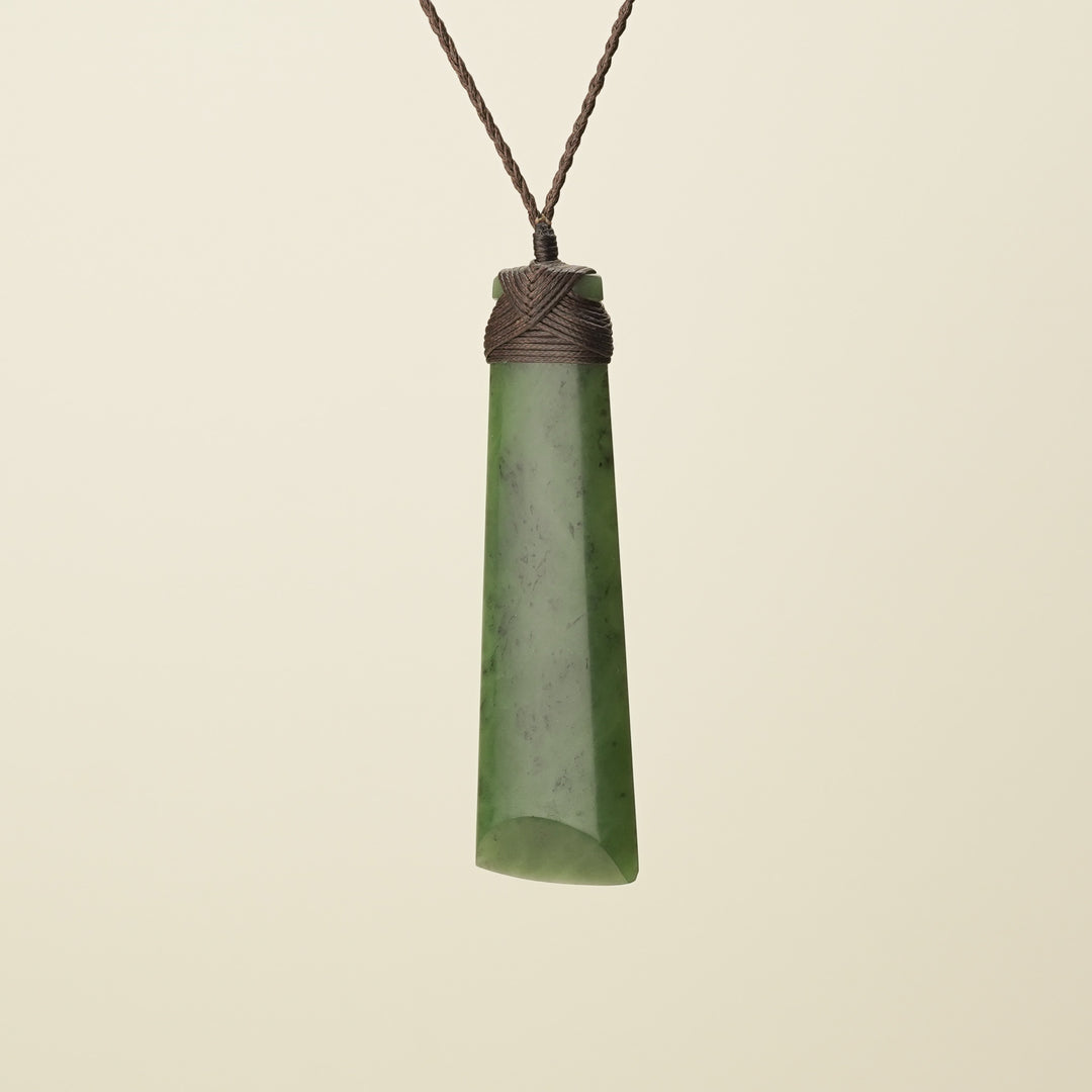 Toki Kahurangi Polished Pounamu Extra Large Pendant, Brown Binding