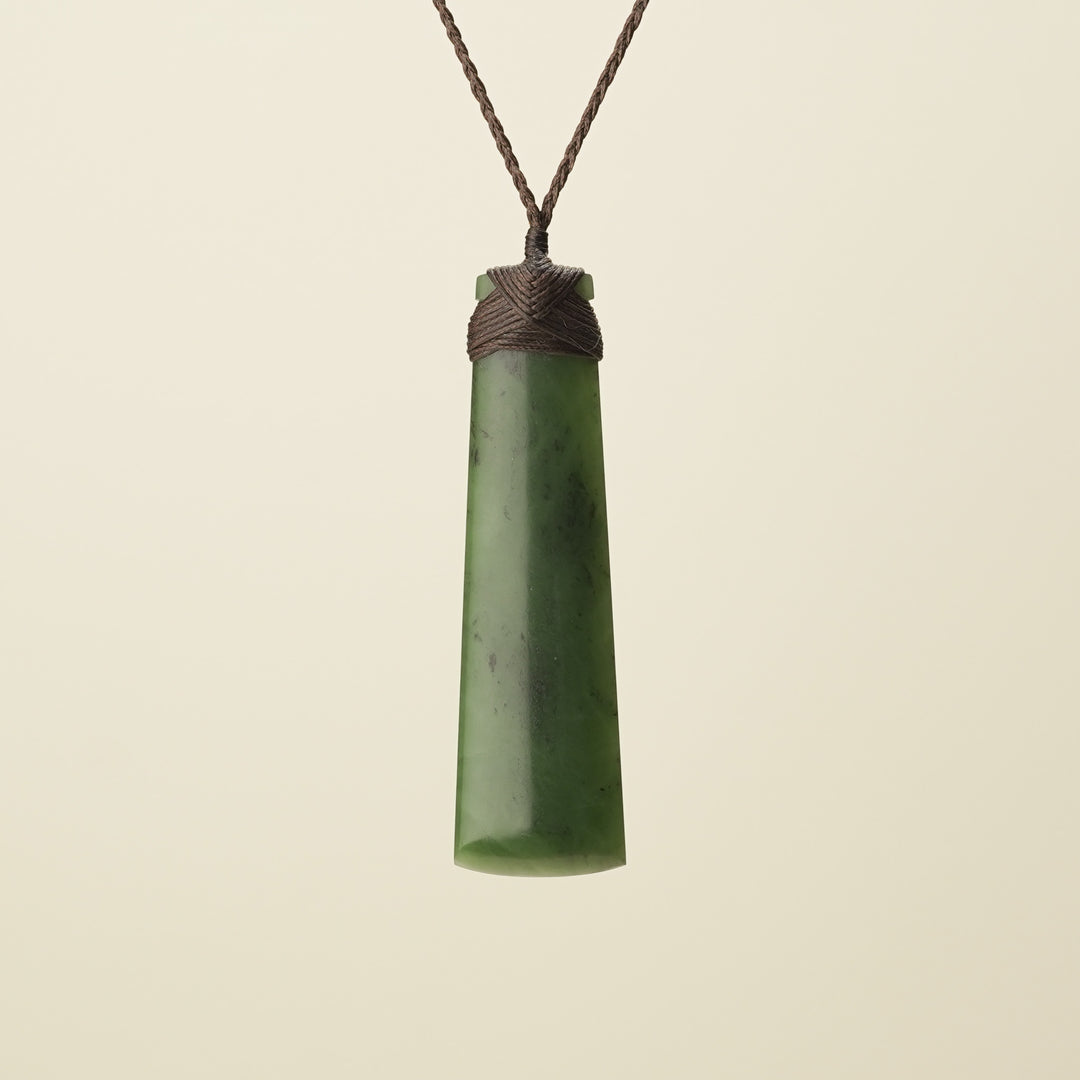 Toki Kahurangi Polished Pounamu Extra Large Pendant, Brown Binding