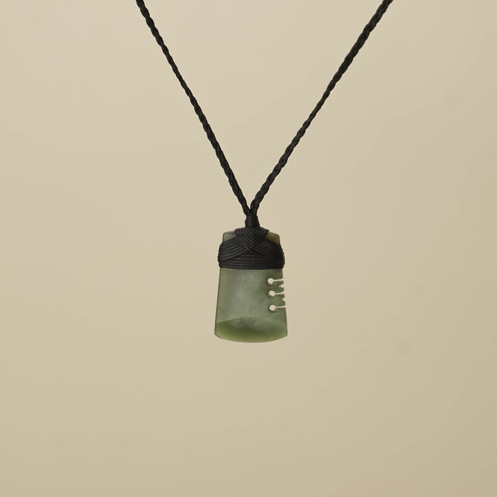 Notched Kahurangi & Inanga Small Toki Pounamu Pendant, Black Binding