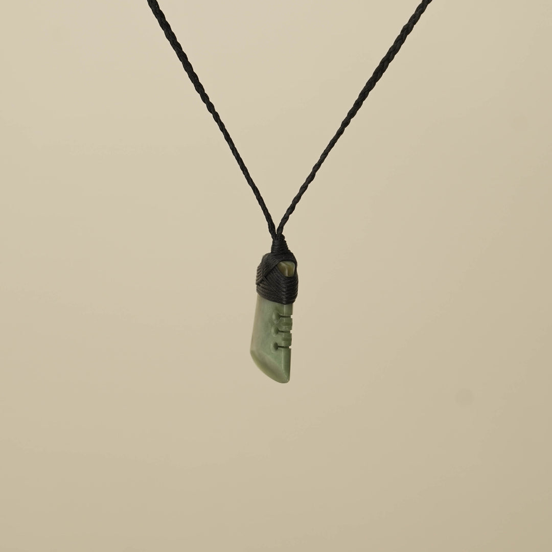 Notched Kahurangi & Inanga Small Toki Pounamu Pendant, Black Binding