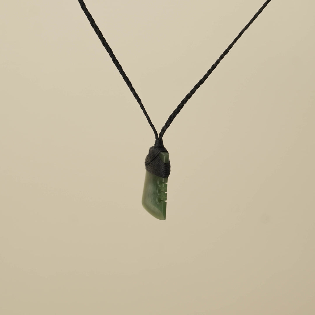 Notched Toki Kahurangi Small Pounamu Pendant, Black Binding