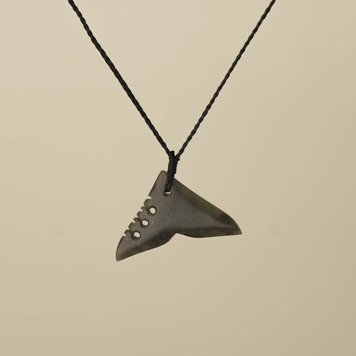 Hapopo Medium Whale Tail Pounamu Pendant, Black Binding