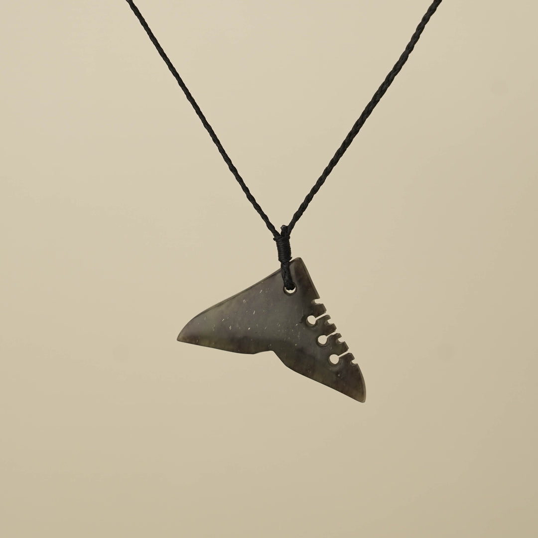 Hapopo Medium Whale Tail Pounamu Pendant, Black Binding