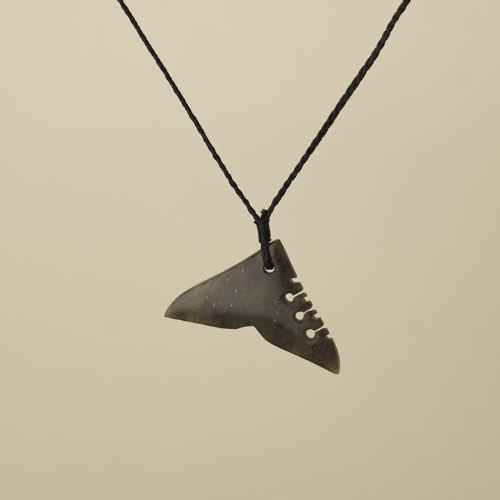 Hapopo Medium Whale Tail Pounamu Pendant, Black Binding
