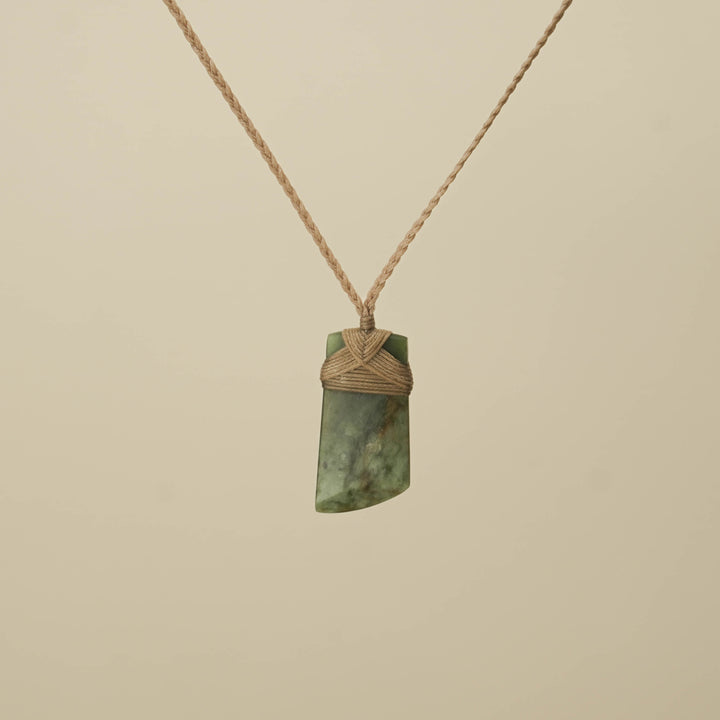 Toki Raukaraka Small Pounamu Pendant, Tan Binding