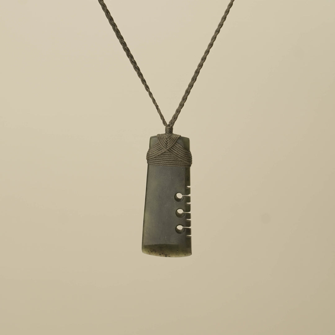 Notched Toki Hapopo Medium Pounamu Pendant, Khaki Binding
