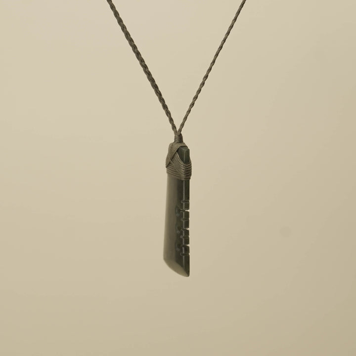 Notched Toki Hapopo Medium Pounamu Pendant, Khaki Binding