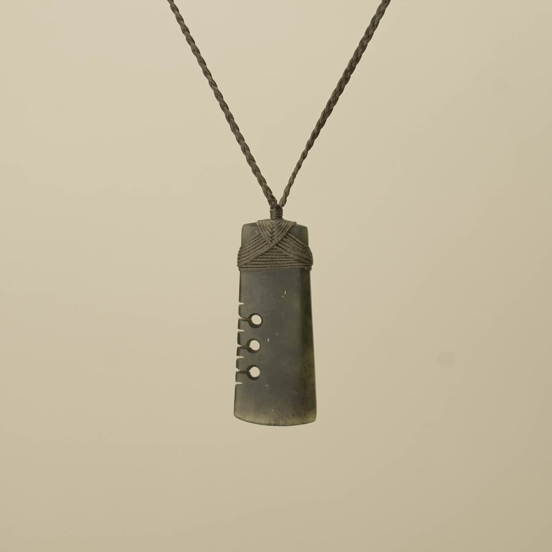 Notched Toki Hapopo Medium Pounamu Pendant, Khaki Binding